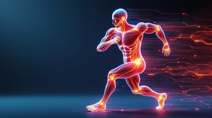 Obraz premium A glowing digital human figure in a dynamic running pose with highlighted joints, symbolizing speed and biomechanics.
