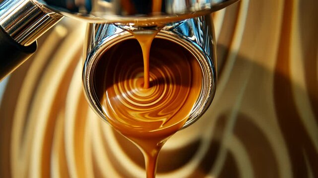 Espresso pouring into a coffee cup, creating a latte art swirl.  High-quality close-up. Possible use stock photo for coffee shop, cafe, or commercial coffee product advertisement