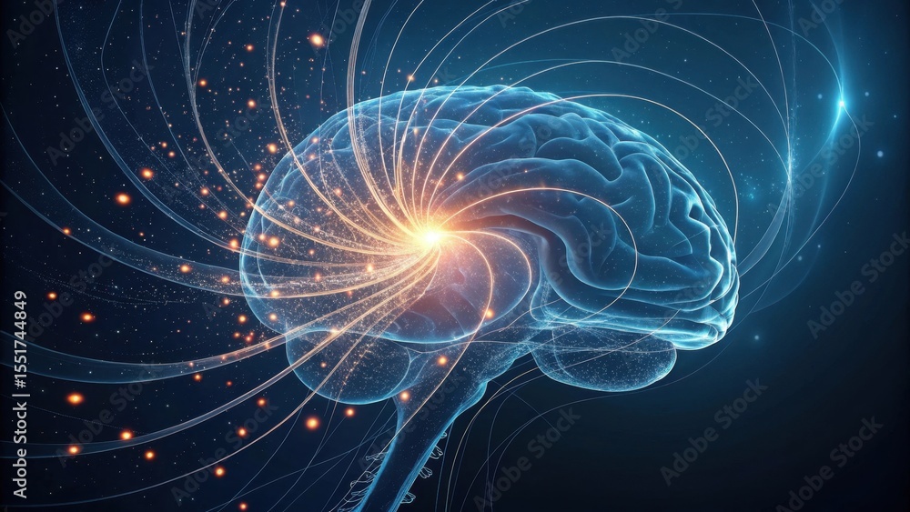 Poster a glowing brain with neural connections radiating light, symbolizing intelligence, cognition, and dy