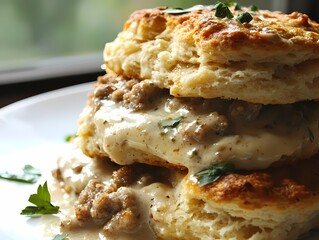 Flaky Biscuits with Sausage Gravy Garnished with Fresh Herbs
