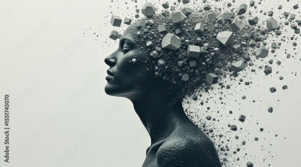 Poster a digital artwork of a human profile dissolving into floating geometric cubes, symbolizing fragmenta
