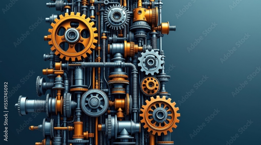 Poster a vertical assembly of interconnected yellow and silver gears and pipes forms a complex industrial m