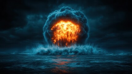 A powerful nuclear explosion lights up the dark ocean, creating a dramatic contrast between the vibrant orange blast and the gloomy clouds swirling above.