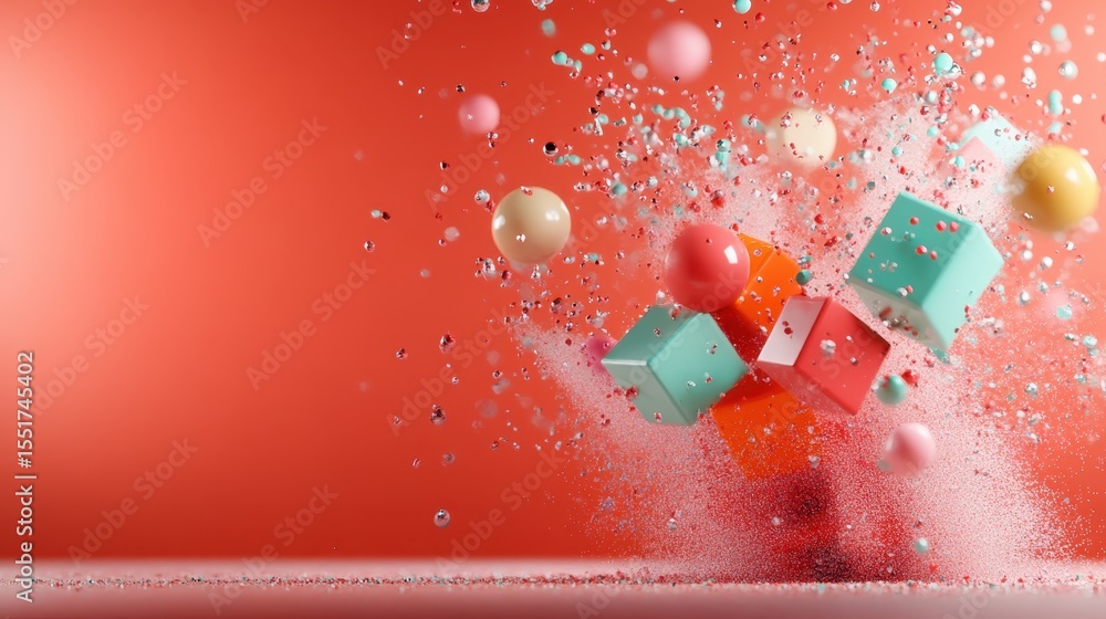 Poster an eye-catching explosion of geometric shapes and spheres in vibrant colors creates a visually stimu