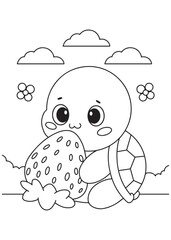 Coloring book turtle gazing sweetly at a large, ripe strawberry, surrounded by whimsical flowers