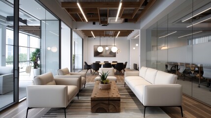 A stylish and modern office featuring an inviting workspace design, promoting productivity and creativity through its elegant arrangement and contemporary furnishings.