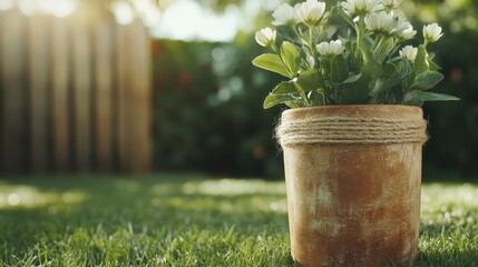 A beautifully arranged potted plant bathed in soft sunlight, creating a serene outdoor space that radiates tranquility, nature, and warm ambiance for relaxation.