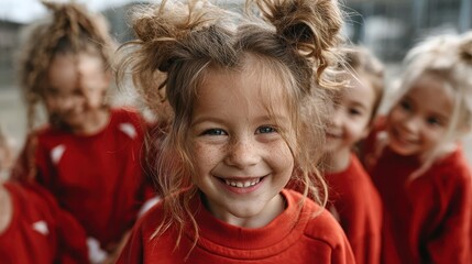 A lively group of cheerful children poses with beaming smiles, showcasing the joy of childhood, friendship, and playfulness in a warm and welcoming setting.