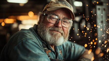 Obraz premium An aged craftsman smiles warmly amidst a workshop filled with tools and flying sparks, encapsulating years of dedication and expertise in the art of craftsmanship.