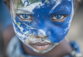 A close-up captures a young girl with earth face paint at a climate change protest, symbolizing her commitment to environmental awareness