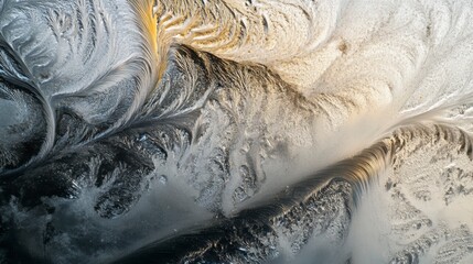 Intricate frost patterns on a windowpane, showcasing a gradient of grey, white, and gold hues.