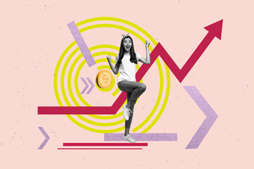 Image trend collage of person win with arrows coins button lines on pink color background