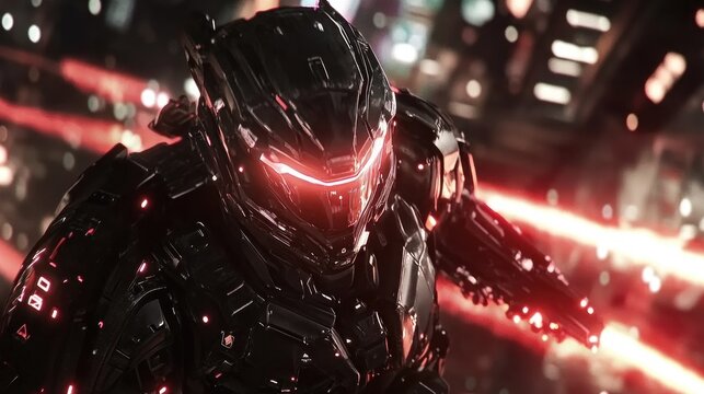 Dark, futuristic mech in action. Red glowing lights. Urban backdrop