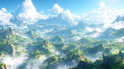 Lush valley nestled amidst majestic mountains, bathed in sunlight