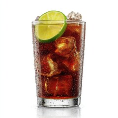 A cool brown glass of refreshing rum and cola cocktail with ice cubes and a lime slice, isolated on white