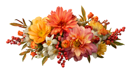 Vibrant autumn floral arrangement. Dahlias, roses, and berries.