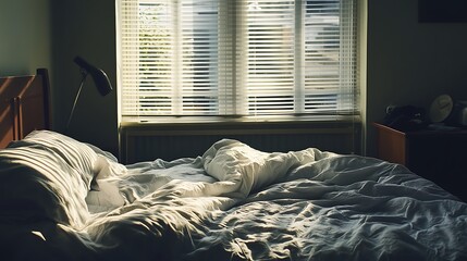 An unmade bed with one side cold and untouched, while the other is slightly messy. A dim morning light creeps in through blinds.