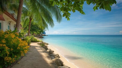 Tranquil Tropical Island Hotel with Palm Fringed Beach Landscape