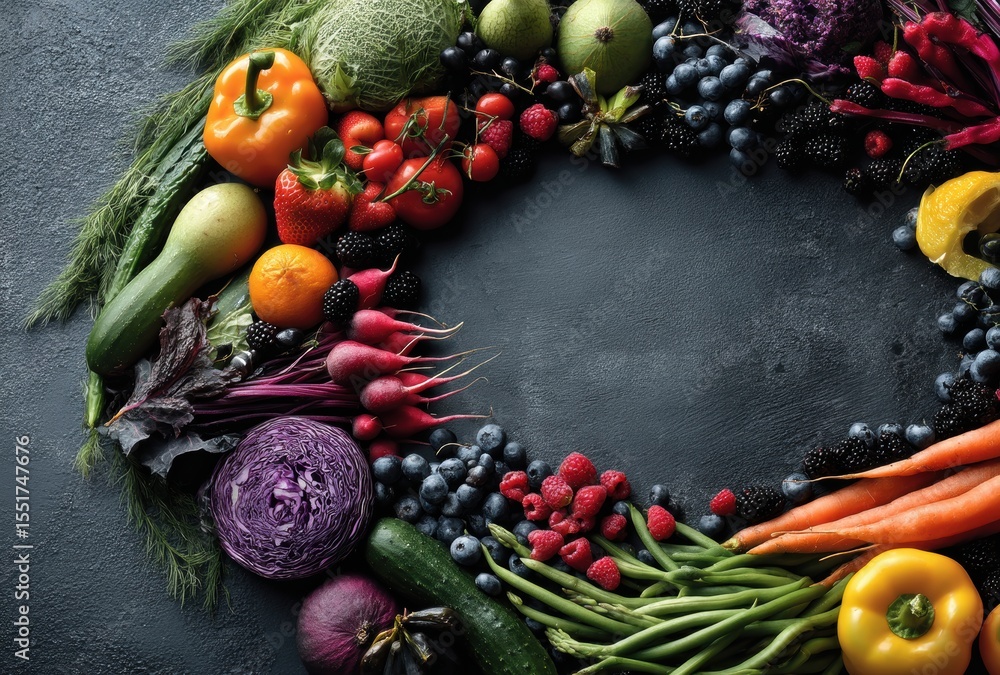 Poster colorful array of fresh vegetables and fruits arranged in a circular frame on a dark surface for vib