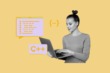 Composite trendy magazine photo collage of happy freelancer girl hold laptop programming tab...