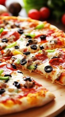 Supreme pizza loaded with melted cheese, pepperoni, vegetables, black olives resting on wooden pizza peel, single slice partially detached