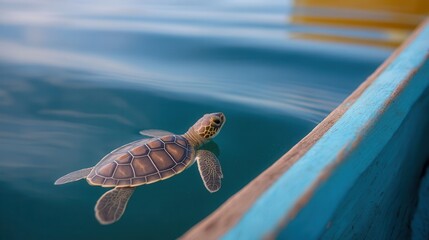 Turtle Swimming Safely Past Boat in Clear Eco-Friendly Waters