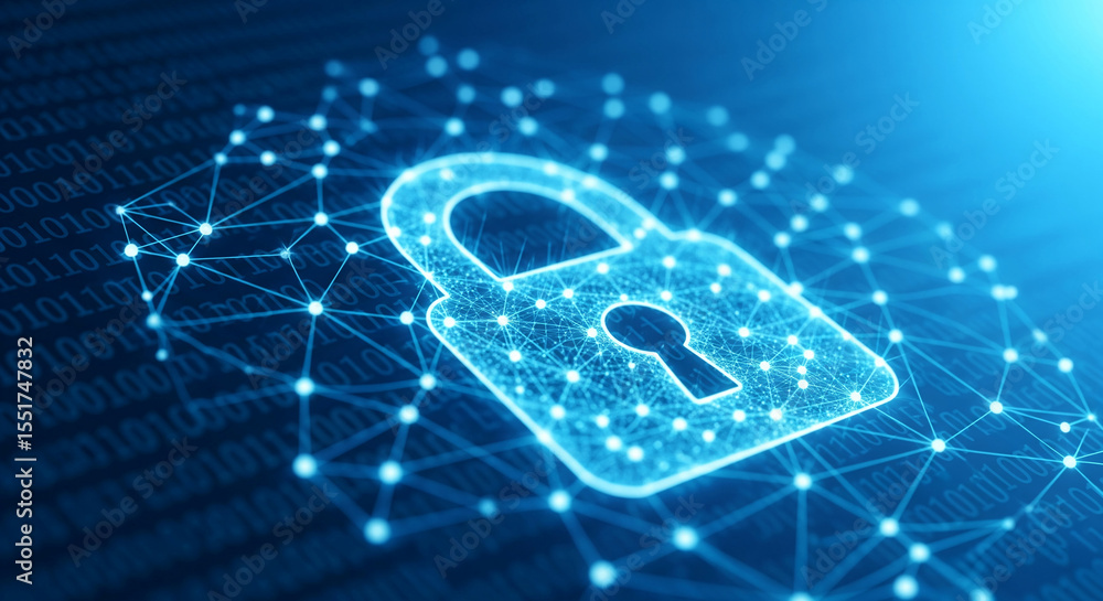Poster cybersecurity concept image featuring a glowing padlock icon, network nodes, and binary code backgro