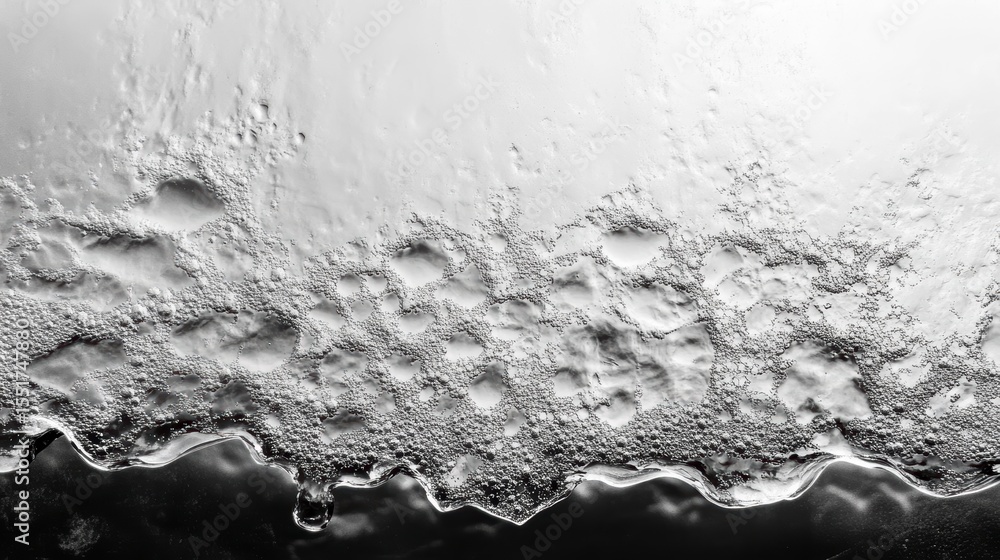 Poster abstract grayscale close-up of water droplets and bubbles on a surface.