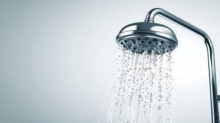 Chrome showerhead streams water on a gradient, minimalist background, conveying freshness and hygiene