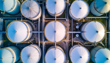 Oil storage tanks and metal pipelines in an industrial facility