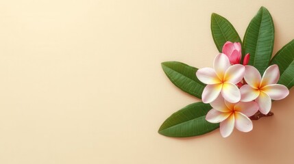Delicate White and Pink Plumeria Flowers on a Pale Background