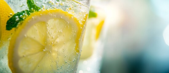 Glass brimming with sparkling water, decorating lemon slices and mint leaves for refreshing summer hydration