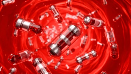 Minimalist 3D capsule-shaped nanobots float in soft red plasma, inside a clean medical background, symbolizing futuristic healthcare.