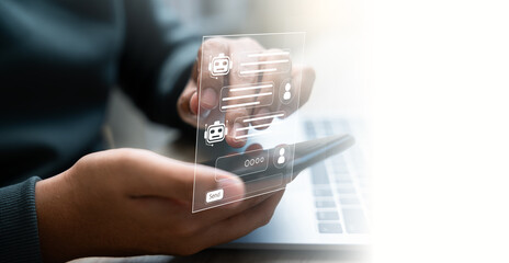 Businessman uses AI chatbot on smartphone for digital communication and customer service. Smart virtual artificial intelligence assistant, Intelligent system in today business and daily life world.