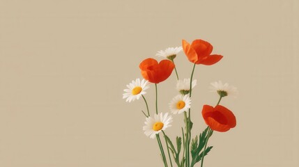 Vibrant Wildflowers of Poppy and Daisy on Neutral Background