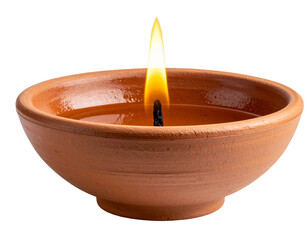 Earthen, Diwali, Deepwali, diya lamp with lit flame and wax drips, isolated PNG – spiritual home decore