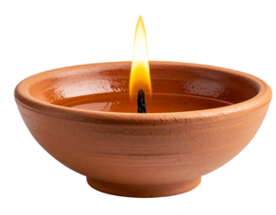 Earthen, Diwali, Deepwali, diya lamp with lit flame and wax drips, isolated PNG – spiritual home decore