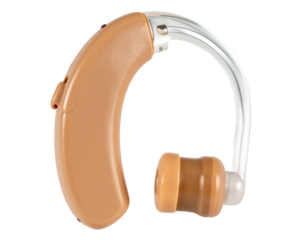 Hearing aid device with behind-the-ear hook and soft ear tip, close-up isolated PNG