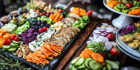 Colorful catering food table displaying a variety of appetizers including fresh fruits, vegetables, cheese, crackers, and dips, perfect for a party or event