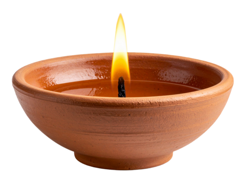 Earthen, Diwali, Deepwali, diya lamp with lit flame and wax drips, isolated PNG – spiritual home decore