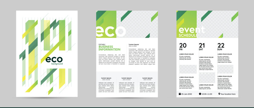 green sustainable energy environment friendly business template. report document brochure booklet flyer ad layout. event calendar time table schedule planner