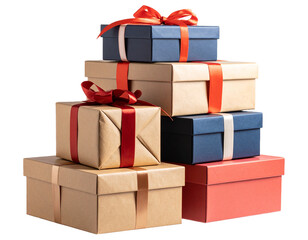 Obraz premium Stack of wrapped presents in festive wrapping papers and bows, slightly angled view, Isolated PNG, Gift PNG, Christmas gift PNG