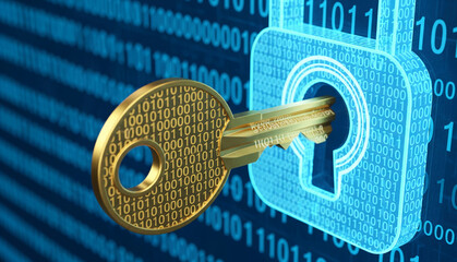 Golden key with binary code inserts into a glowing blue padlock, against a binary code background, symbolizing digital security and access