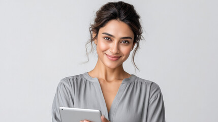 young indian business woman holding tablet standing on white background