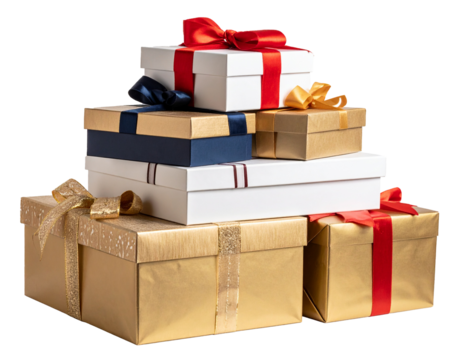 gift box with ribbon, Stack of wrapped presents for Christmas, Diwali, Holi in festive wrapping papers and bows, slightly angled view, PNG