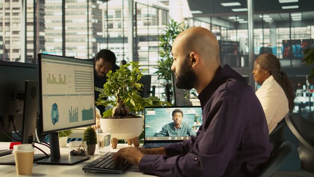 Business manager on videocall with worker attending briefing meeting to share new ideas to profit growth. Specialist in online telework call using tablet to explain startup evolution vision, camera B