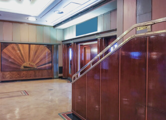 Opulent Art Deco interior architecture inside lobby, atrium or foyer on historic ocean liner style...