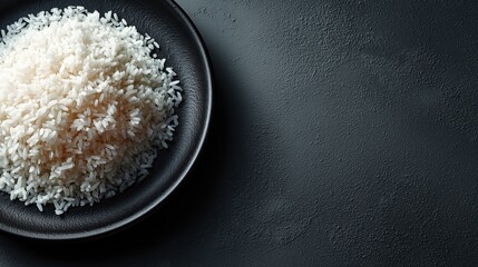 Close-up high-angle shot of fluffy white rice on a dark plate against gray background with empty space for creative food presentations and designs.