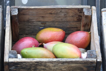 Mangoes for sale in a wooden crate