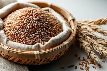 Close-up of a bamboo basket overflowing with unhulled brown rice on a light linen cloth with wheat stalks arranged elegantly nearby, rich textures and colors.